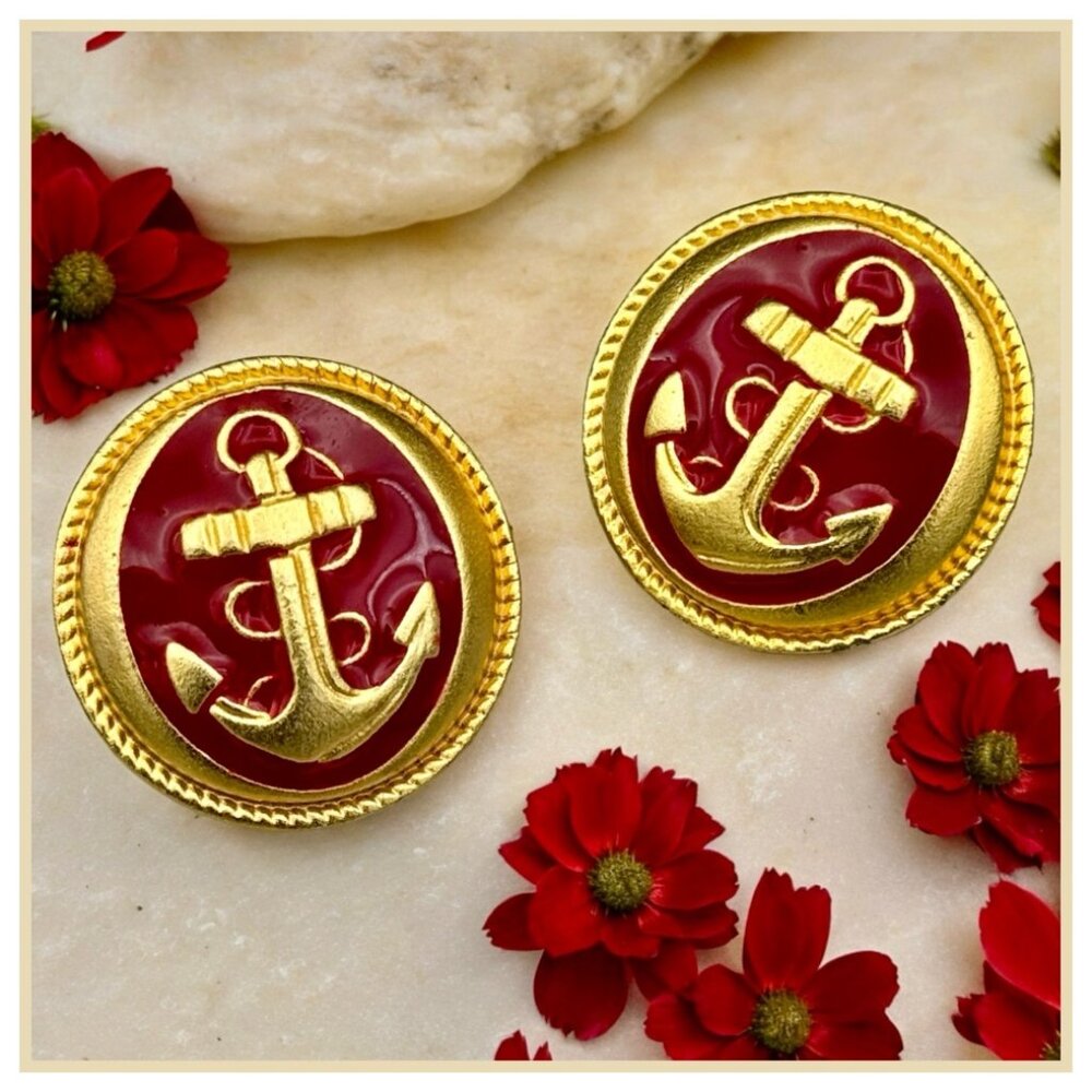 VINTAGE Pin Up Gold & Red Nautical Anchor Enamel Lightweight Button Earrings